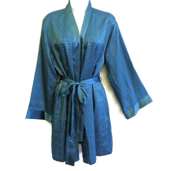 Halston 80s Robe Embossed Satin Blue Attached Belt Tie Side Pockets Knee L XL